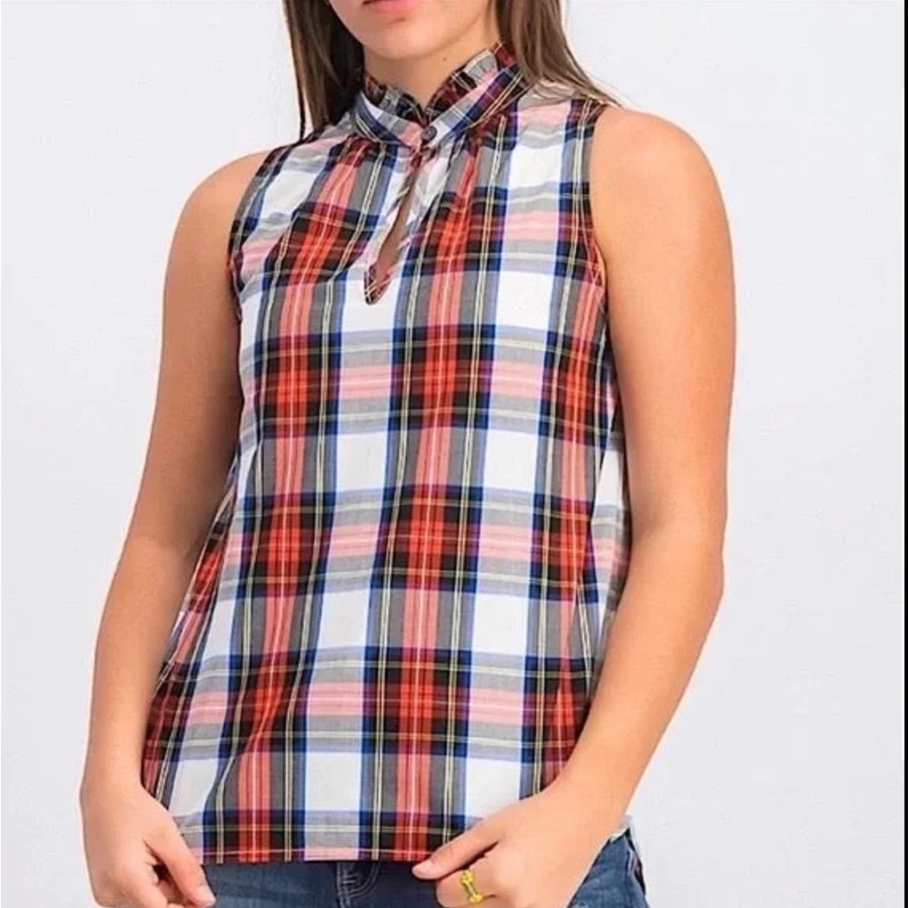 J. Crew Tartan Plaid Ruffle Neck Sleeveless Blouse Top Sz 6 EUC